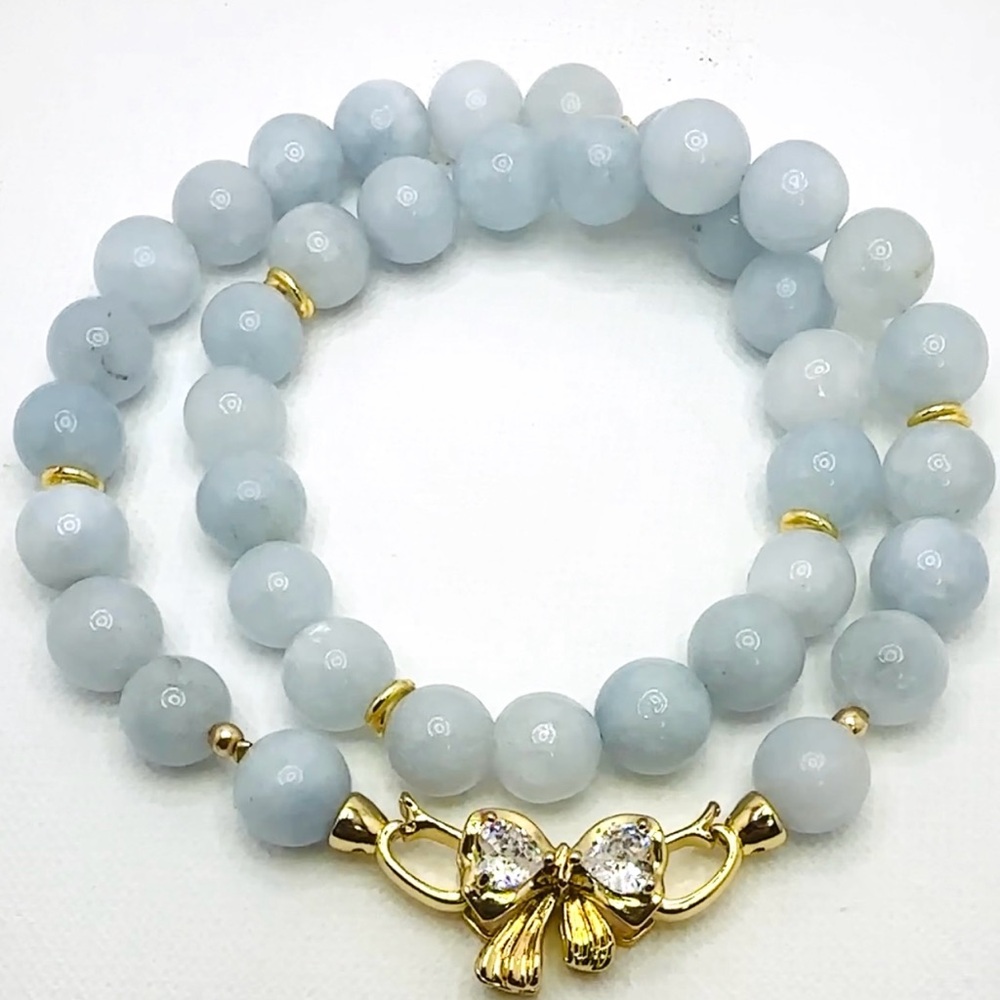 Aquamarine Beaded Necklace. Genuine Gemstone, 18K gold plated Clasp